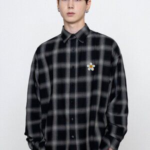 Flower Dot Embroidery Oversized Check Shirt